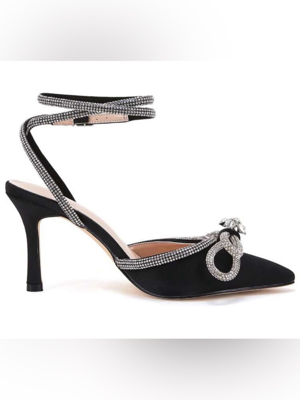 Black Crystal Embellished Pointed Toe Heels - Women Size 6.5 - Picture 2 of 5